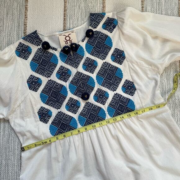 Figue Lucie White Blue Embroidered Pom Pom Long Balloon Sleeves Boho Mini Dress - Picture 10 of 13